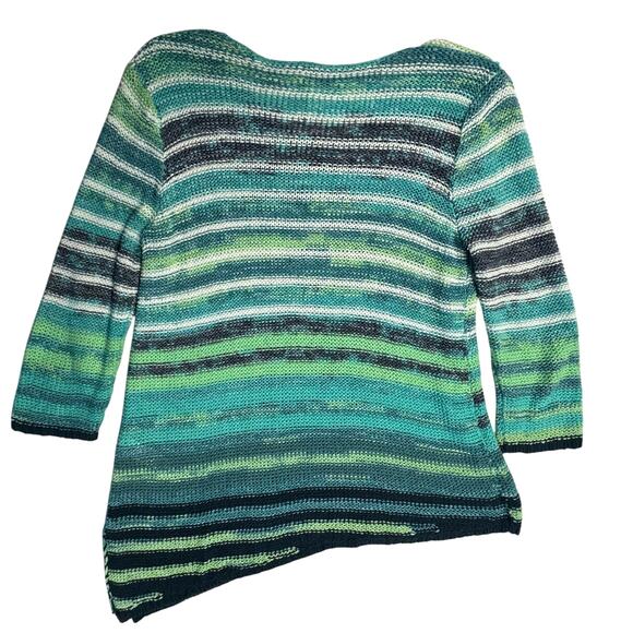 Chico's Asymmetric Hem Variegated Striped Sweater Turquoise Blue White Women M - Picture 7 of 10